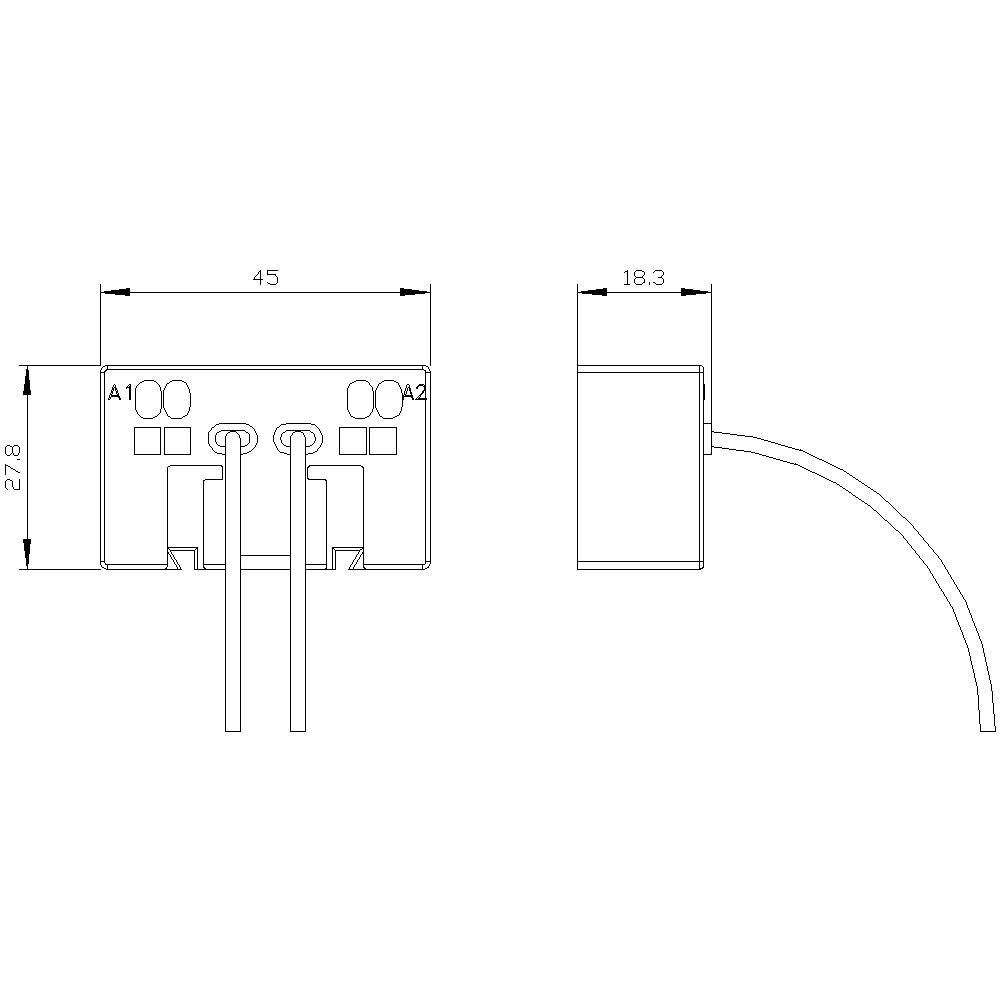 Disegno del circuito elettrico con dimensioni: larghezza 45 mm, altezza 278 mm, profondità 18,3 mm. Le etichette mostrano 'A1', 'A2'.