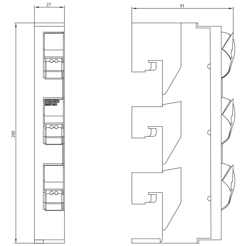 Disegno tecnico che mostra la vista frontale e laterale di un interruttore elettrico con dimensioni di 200 mm di altezza e 91 mm di larghezza.