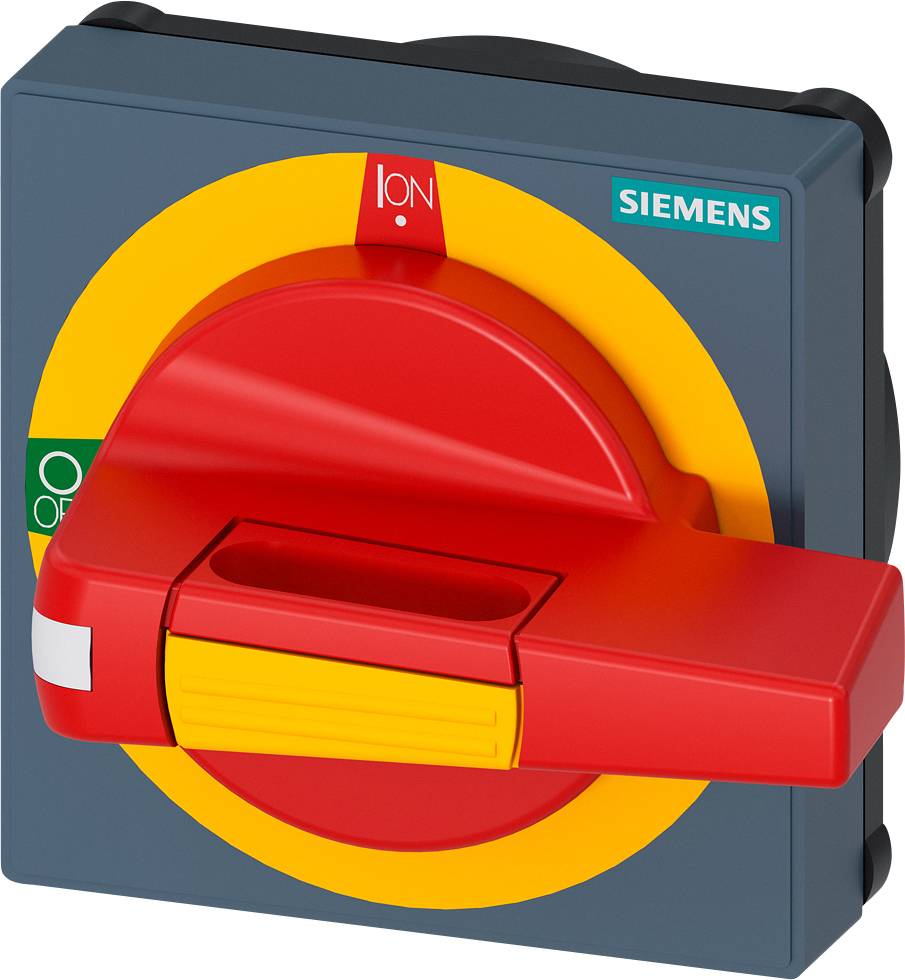 Un interruttore principale rosso con un anello giallo-rosso su cui è scritto 'ON' e 'OFF'. In alto a destra è presente un logo Siemens.