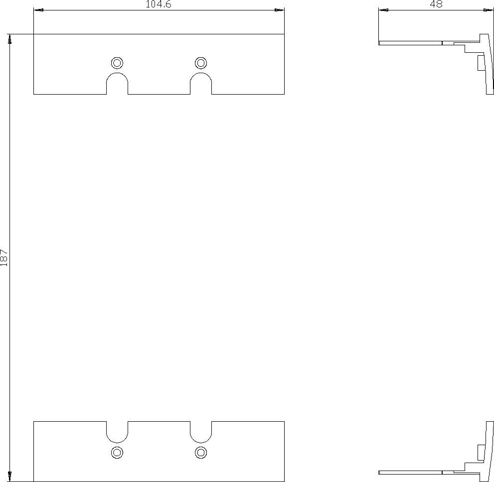Disegno tecnico di un pezzo rettangolare in metallo con misure dettagliate: alto 187 mm, largo 104,6 mm. Due scanalature in alto e in basso.