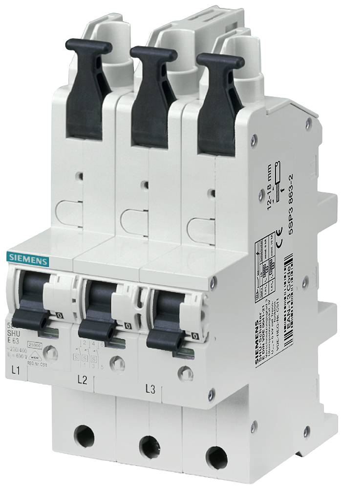 Un interruttore automatico tripolare Siemens in bianco e nero, utilizzato per il controllo e la protezione di circuiti elettrici.
