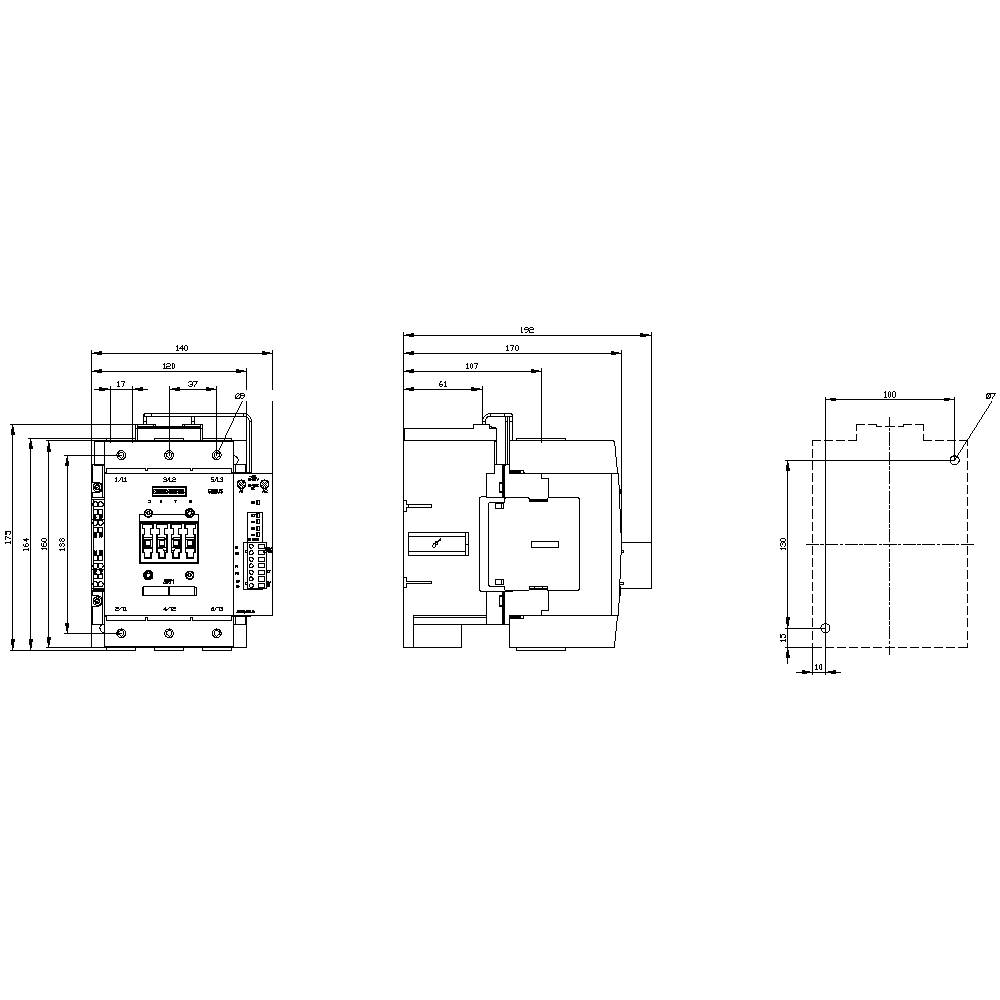 Disegno tecnico di un dispositivo elettrico con tre proiezioni: vista frontale, laterale e dall'alto, con misure in scala indicate.