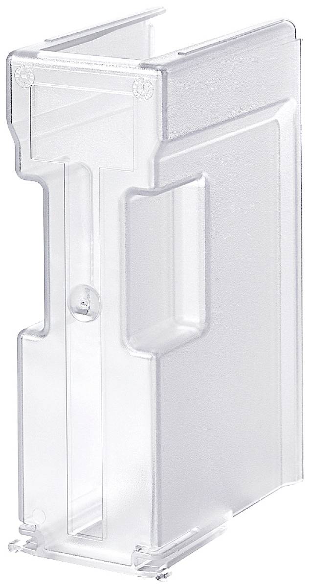 Un portariviste in plastica trasparente, verticale, con uno slot aperto in alto per riviste o brochure.