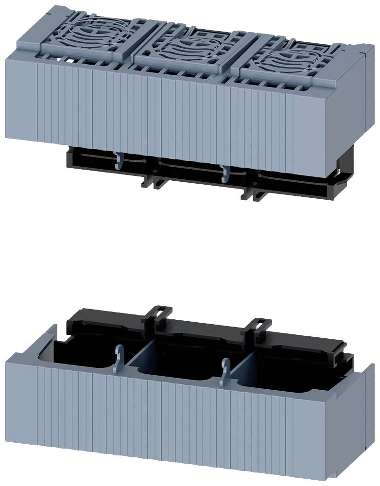 Due contenitori modulari grigi con aperture per componenti elettronici, idonei per il montaggio su guida DIN, raffigurati frontalmente.