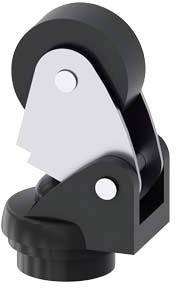Supporto industriale per rulli con ruota nera e involucro argentato, vista laterale.