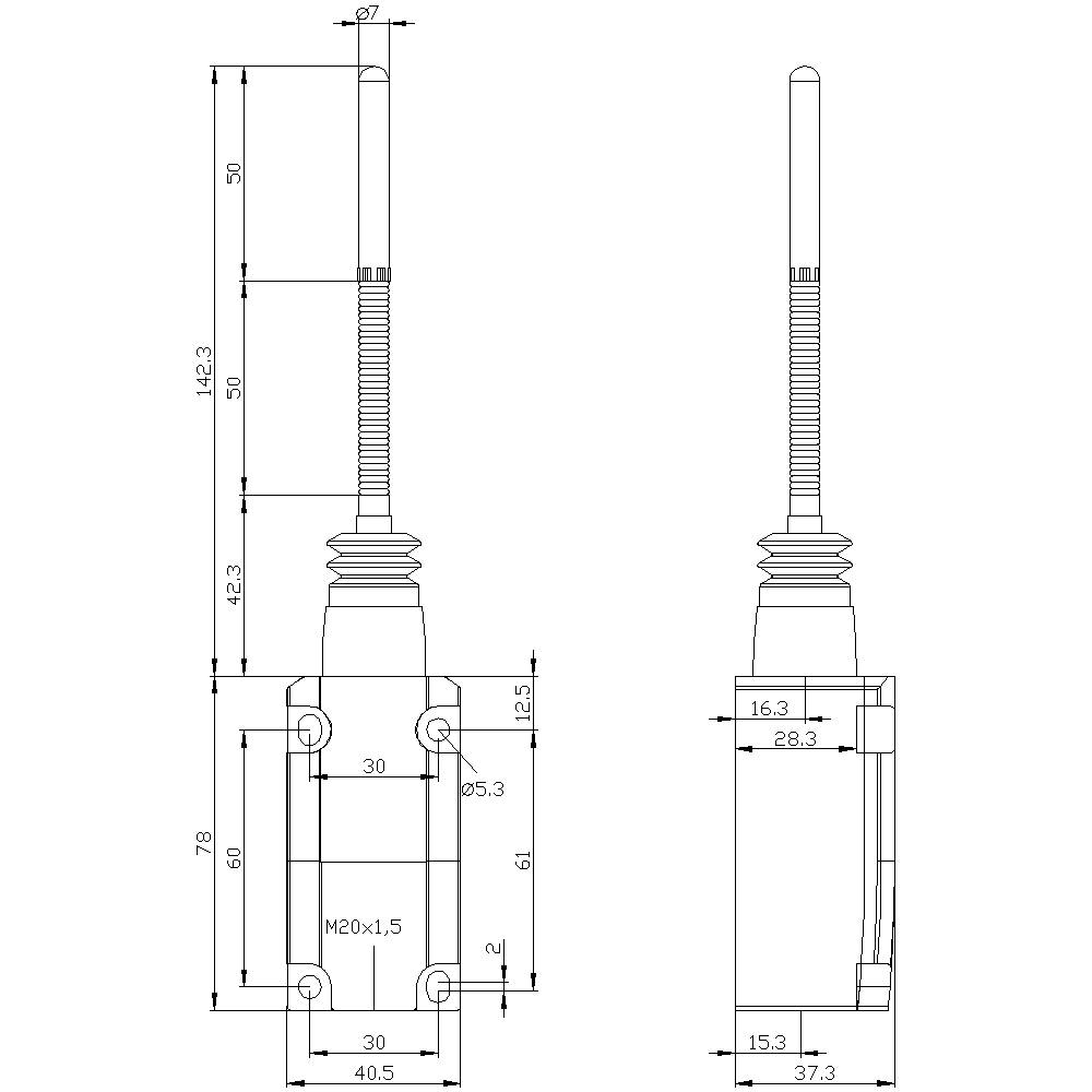 Disegno tecnico di un sensore elettrico con dimensioni in millimetri. La vista frontale e laterale mostrano le misure per il montaggio e la costruzione.