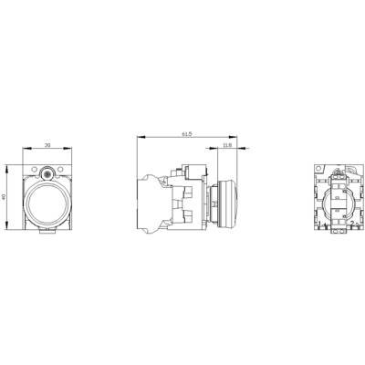 Disegno tecnico di un interruttore a pulsante con vista frontale, laterale e posteriore. Le quote dimensionali per altezza, larghezza e profondità sono incluse.