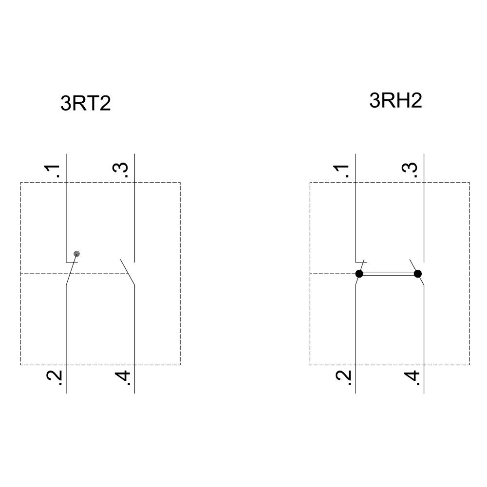 L'immagine mostra due schemi elettrici. A sinistra: 3RT2 con contatti 1-2 e 3-4. A destra: 3RH2 con contatti 1-2 e 3-4 collegati.