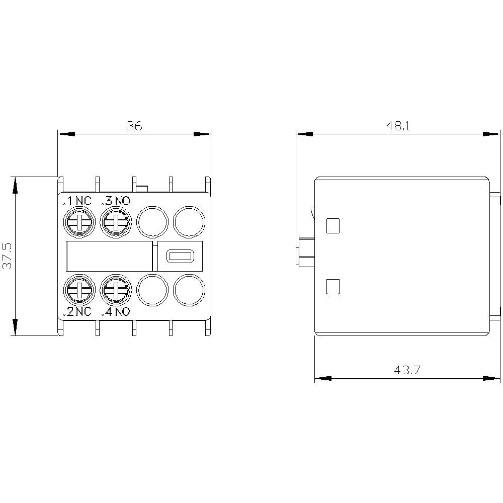 Disegno tecnico di un relè elettrico con dimensioni dell'involucro: 36x37,5 mm vista frontale, 48,1x43,7 mm vista laterale. Mostra la configurazione dei collegamenti.