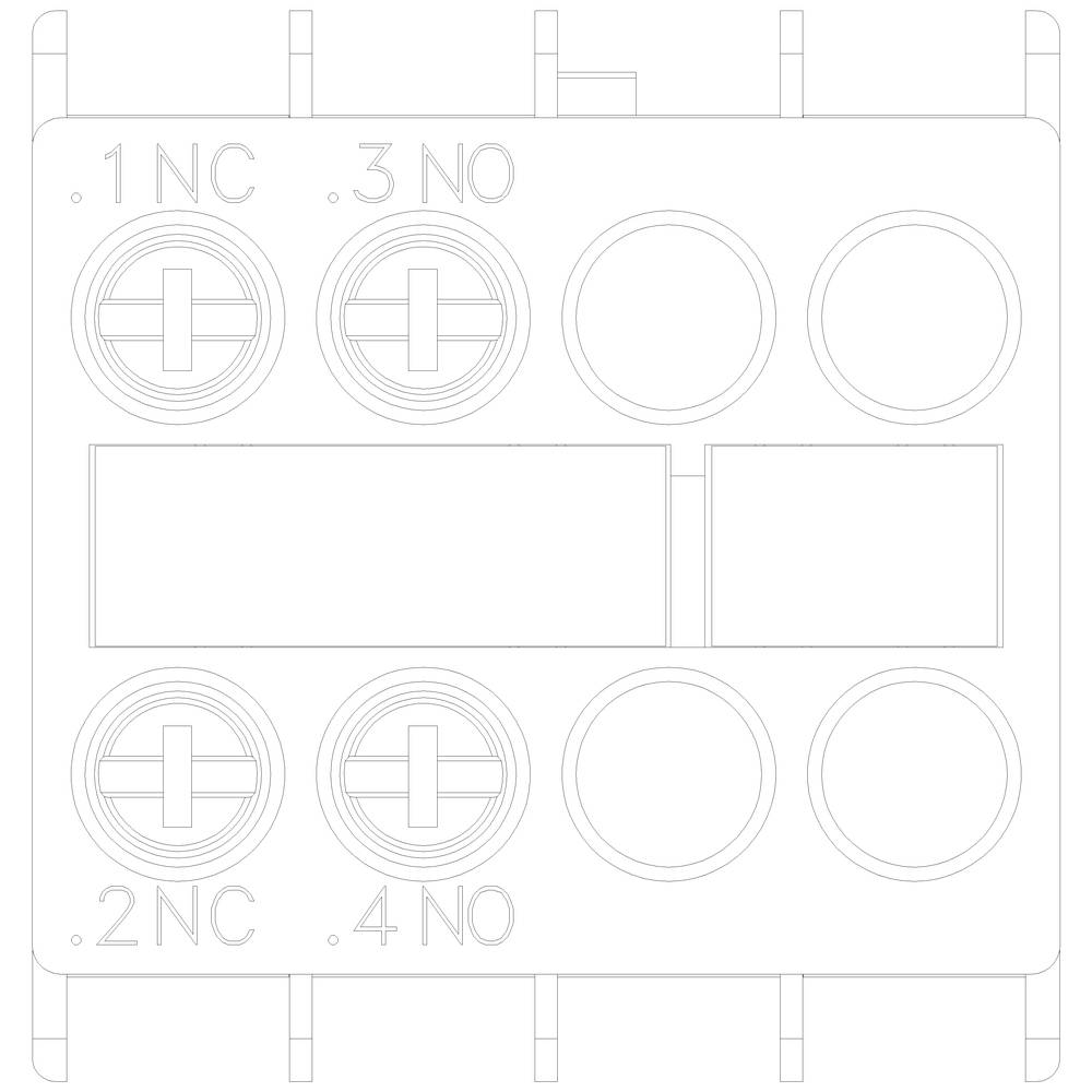 Disegno tecnico di un componente rettangolare con quattro attacchi rotondi etichettati come '.1 NC', '.2 NC', '.3 NO' e '.4 NO'.