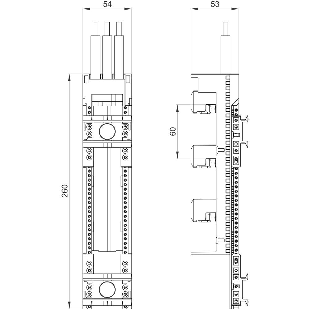 Disegno tecnico di dispositivo elettrico con dimensioni: altezza 260 mm, larghezza 54 mm, profondità 53 mm, tre connettori in alto, viste laterali.