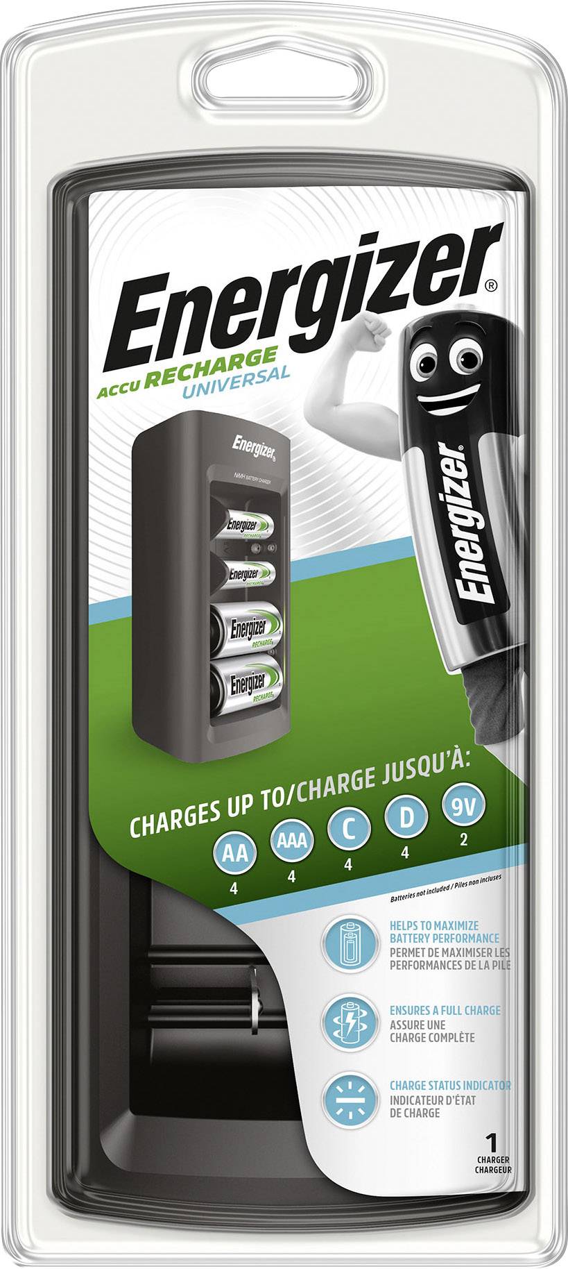 Confezione con un caricabatterie Energizer, adatto per batterie AA, AAA, C, D e 9V. Contiene un'immagine del caricabatterie.