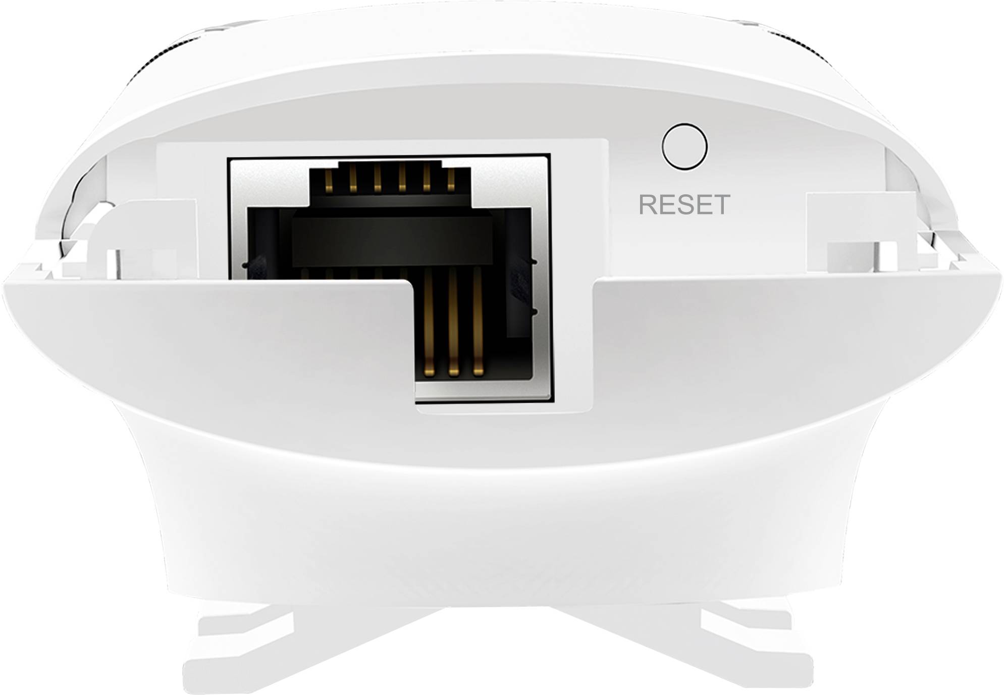 Primo piano di un dispositivo bianco con una porta Ethernet e un pulsante di ripristino.