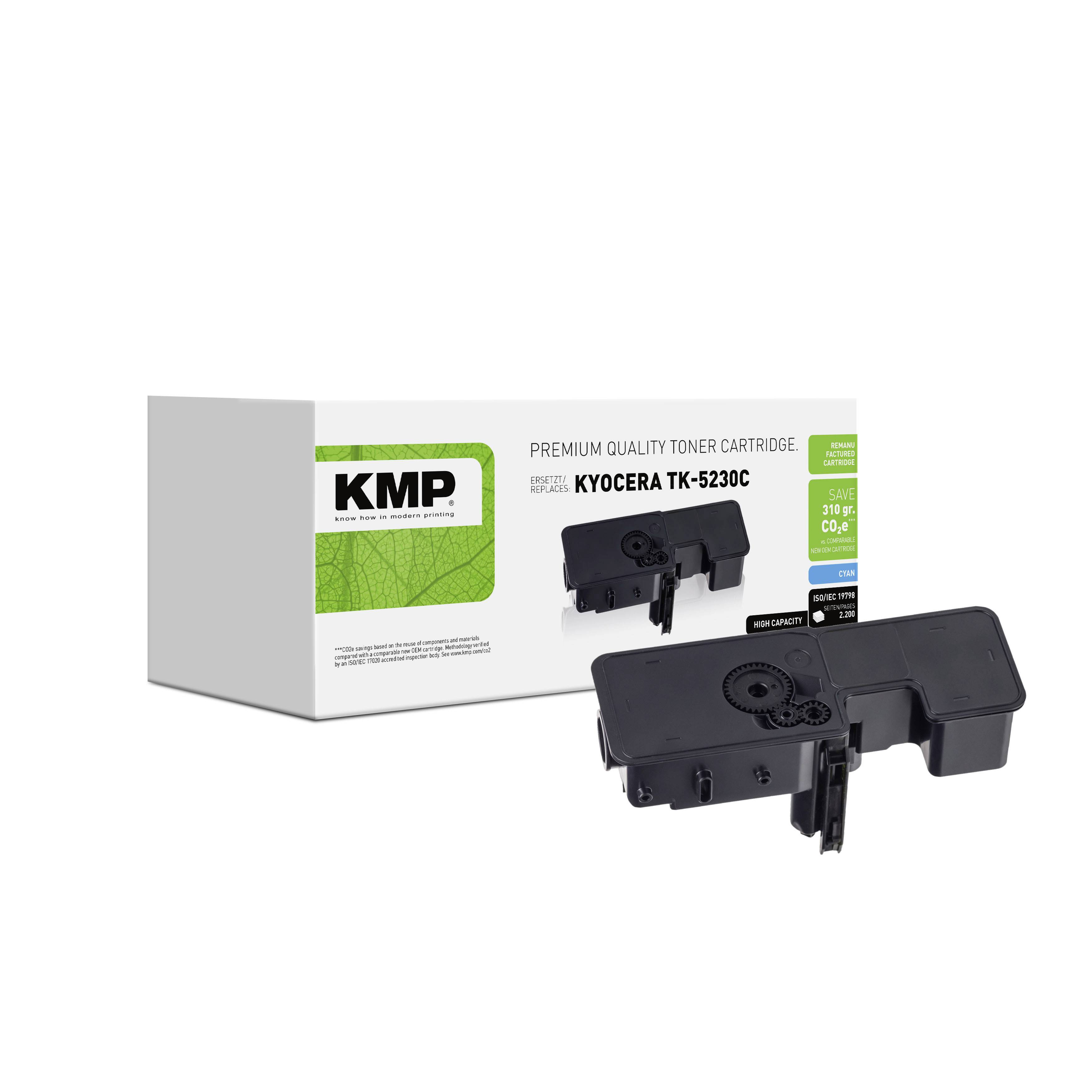 Cartuccia di toner KMP di qualità premium per Kyocera TK-5230C, mostrata con scatola e cartuccia nera su sfondo bianco.
