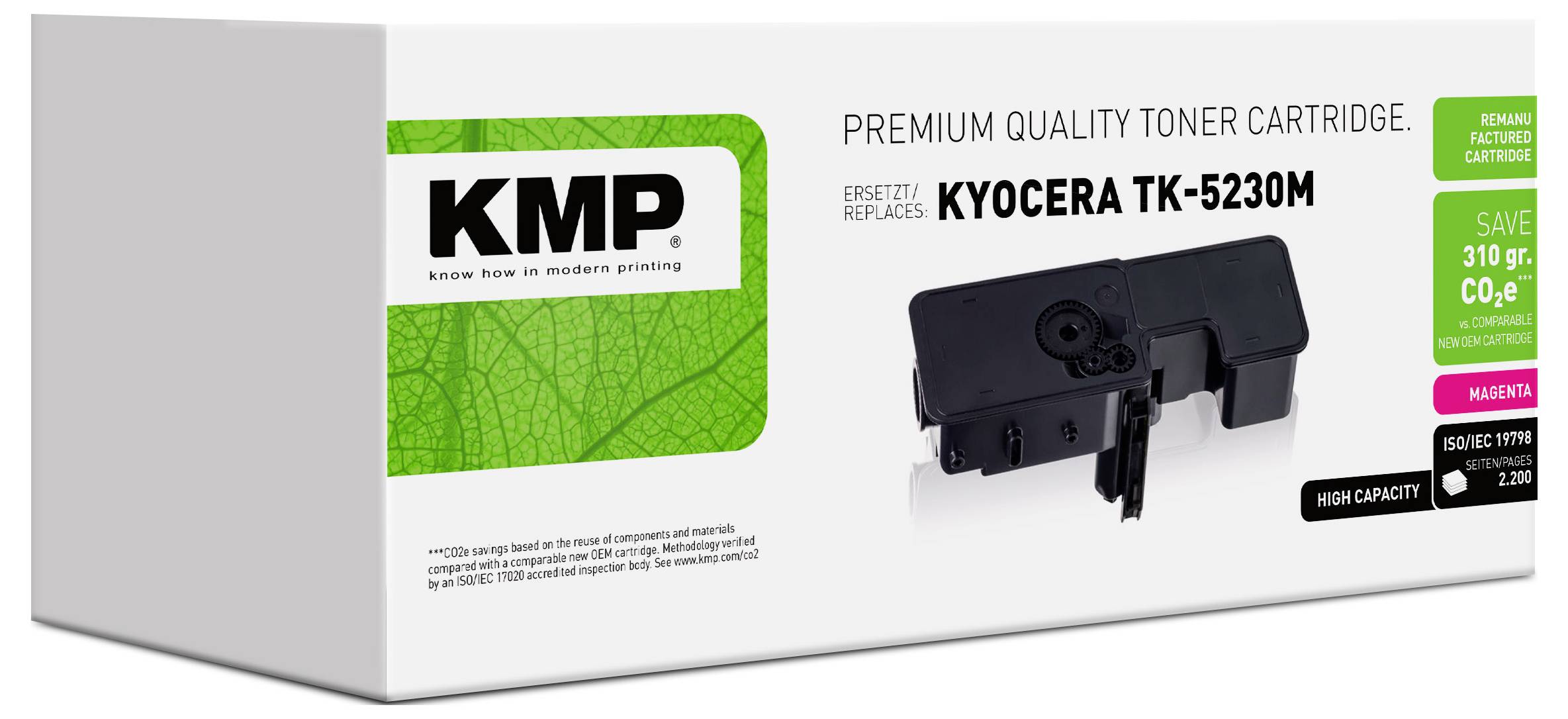 Confezione di cartuccia di toner di qualità premium KMP per Kyocera TK-5230M, mostrata come confezione di cartuccia sostitutiva ad alta capacità.
