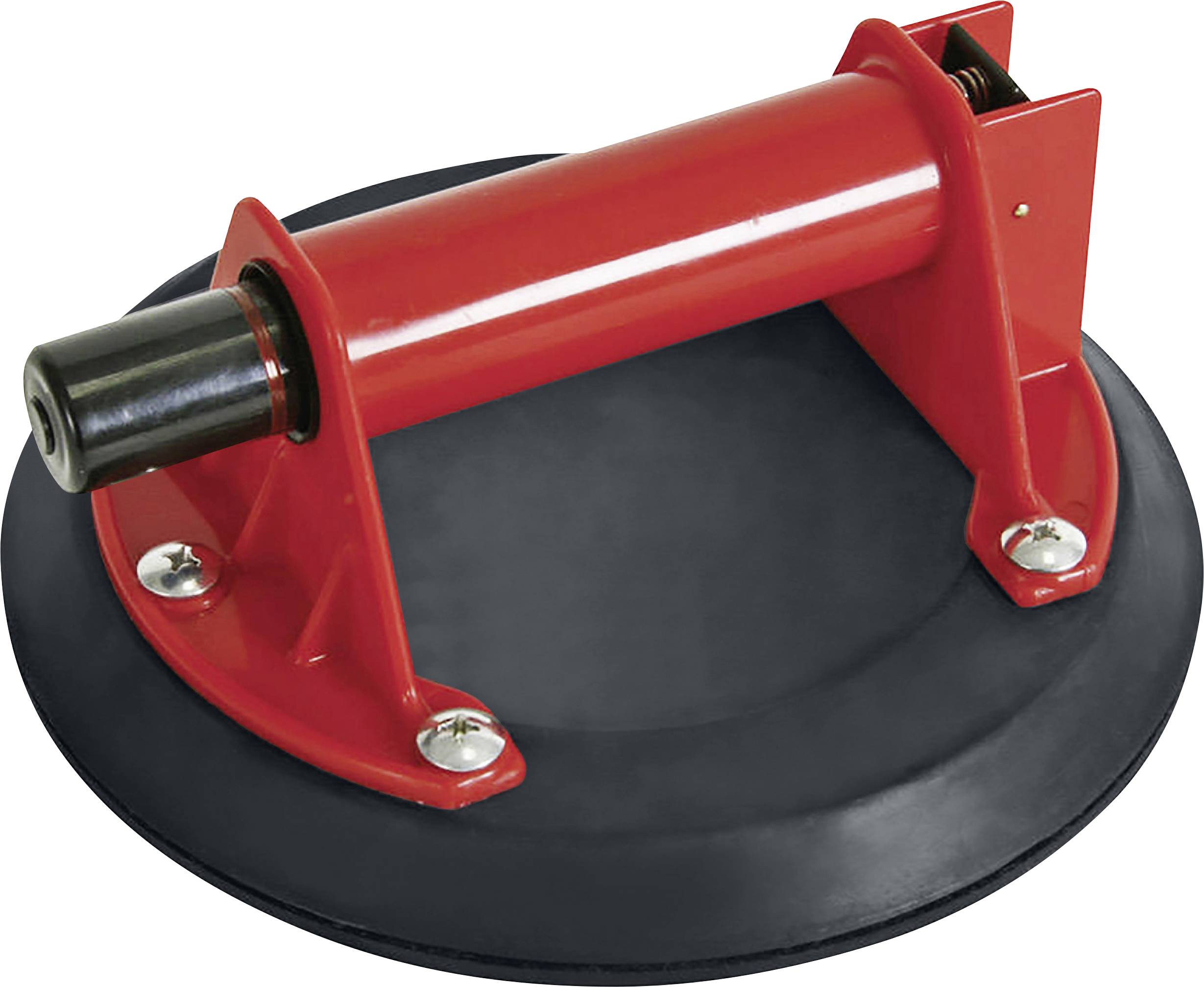 Un sollevatore rosso con disco di gomma nero e impugnatura in metallo, utilizzato per sollevare superfici lisce come vetro o piastrelle.