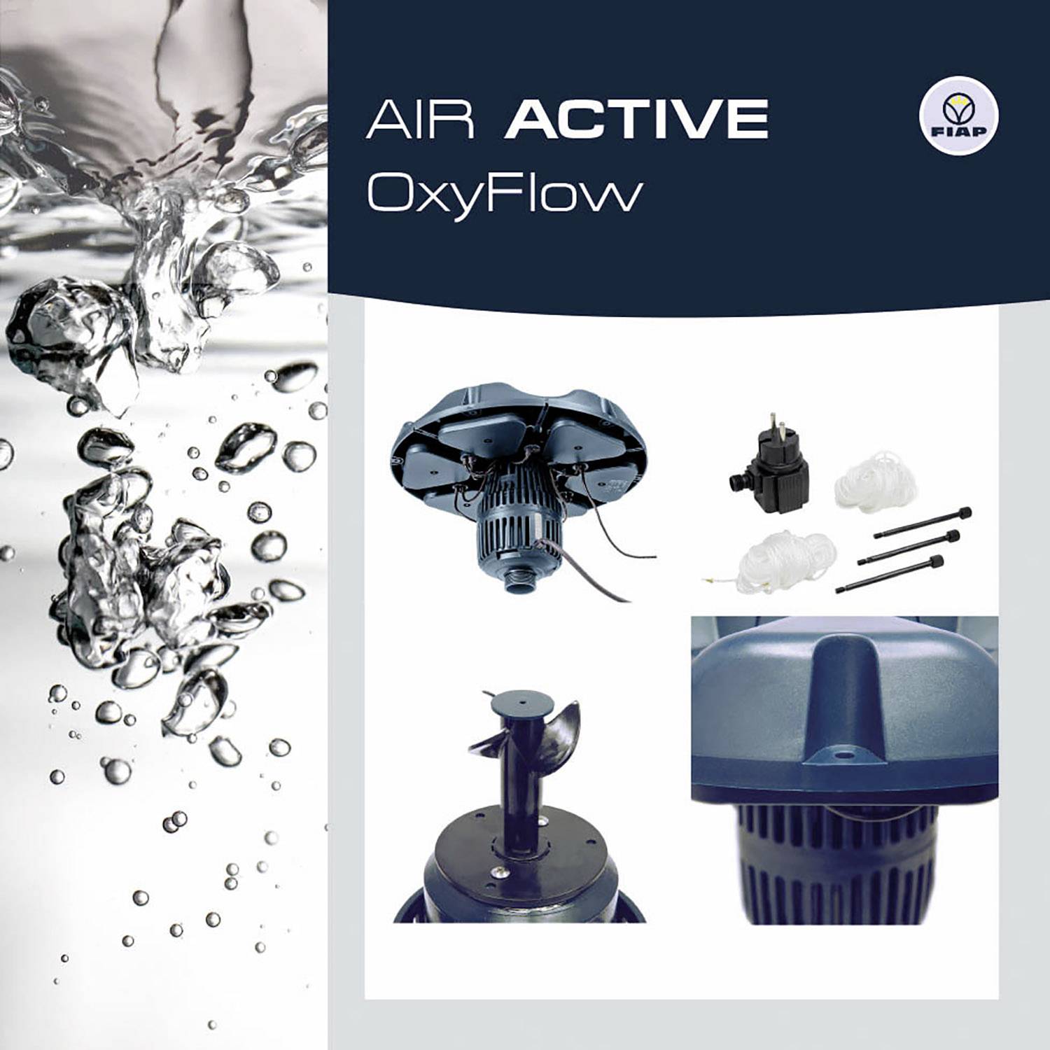Dispositivo per l'aerazione dell'acqua con turbina blu, accessori e bollicine d'acqua. In alto a destra un logo. Testo: 'AIR ACTIVE OxyFlow'.