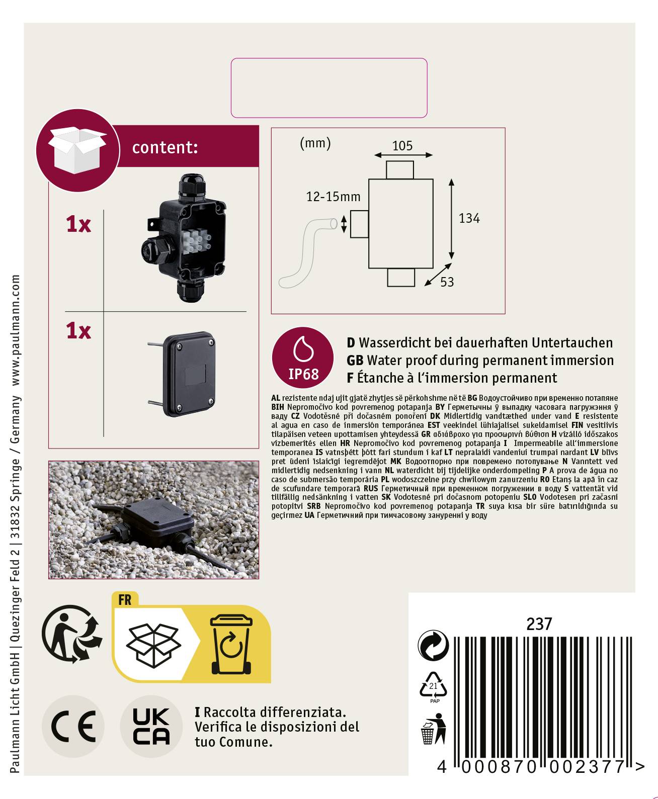 Contenuto: 1x Valvola, 1x Sensore, 1x Coperchio. Impermeabile IP68. Il diagramma mostra le dimensioni della valvola. Istruzioni per l'uso ed etichette con simboli in basso.