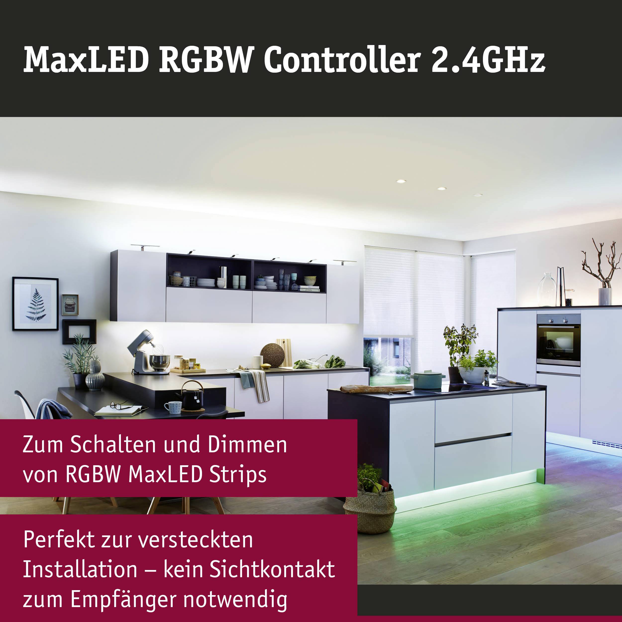 Un soggiorno moderno con cucina, illuminato da strisce LED. Etichetta: 'Per accendere e regolare l'intensità delle barre luminose Perfekt.'