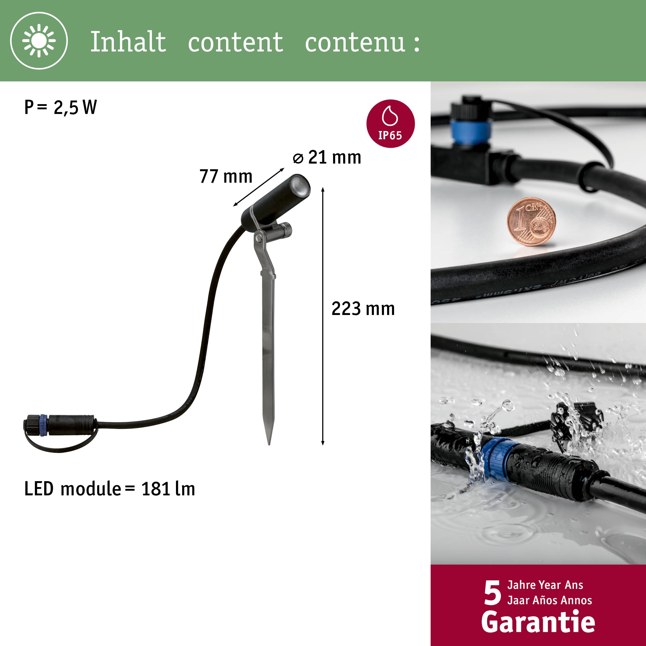 'L'immagine mostra un dispositivo di illuminazione a LED destinato all'uso esterno, con grado di protezione IP65 e una potenza di 2,5 W. 5 anni di garanzia.'