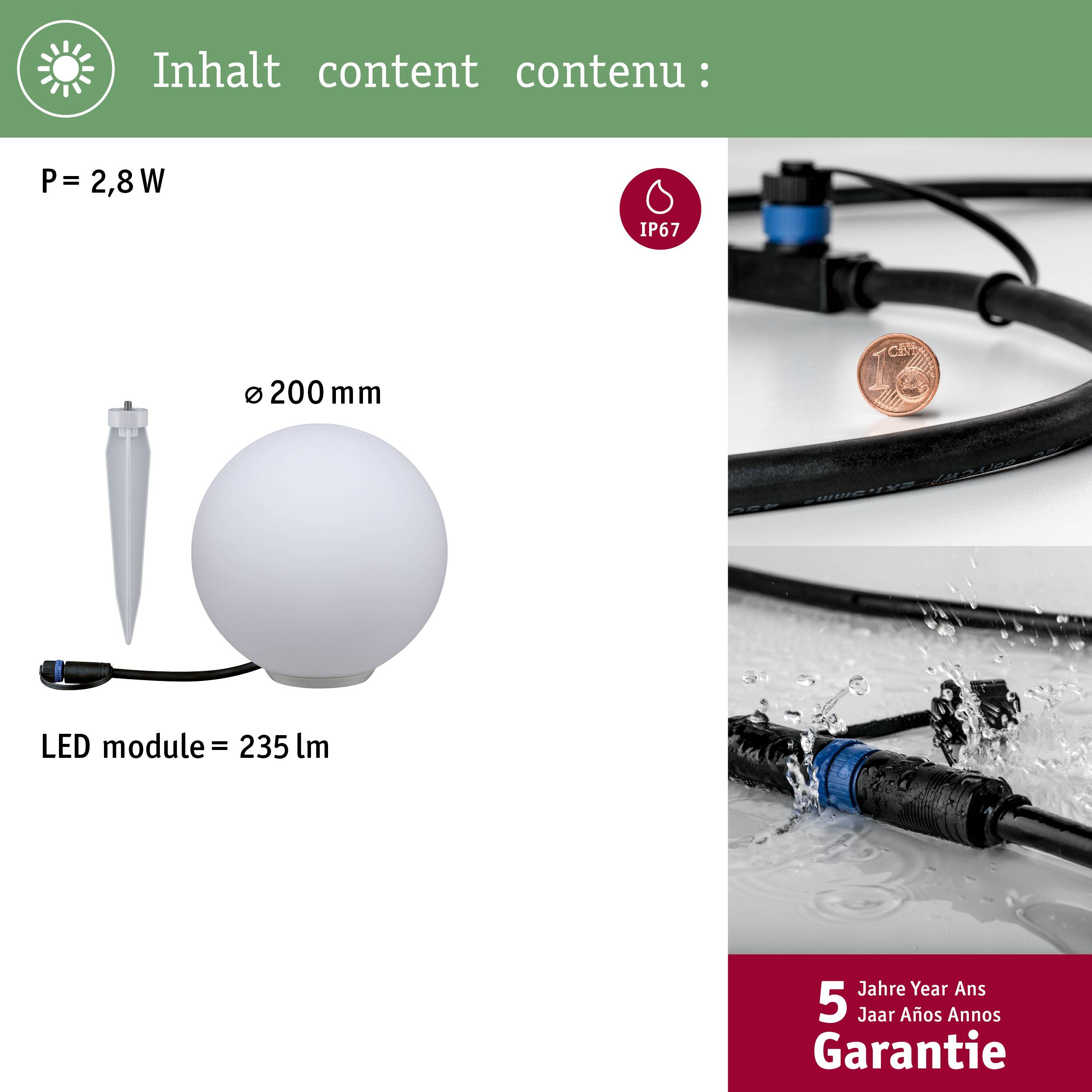 'Inhalt' mostra un punto luce LED, ø 200 mm, 2,8 W, 235 lm, IP67, confronto dei costi energetici con moneta, garanzia di 5 anni.
