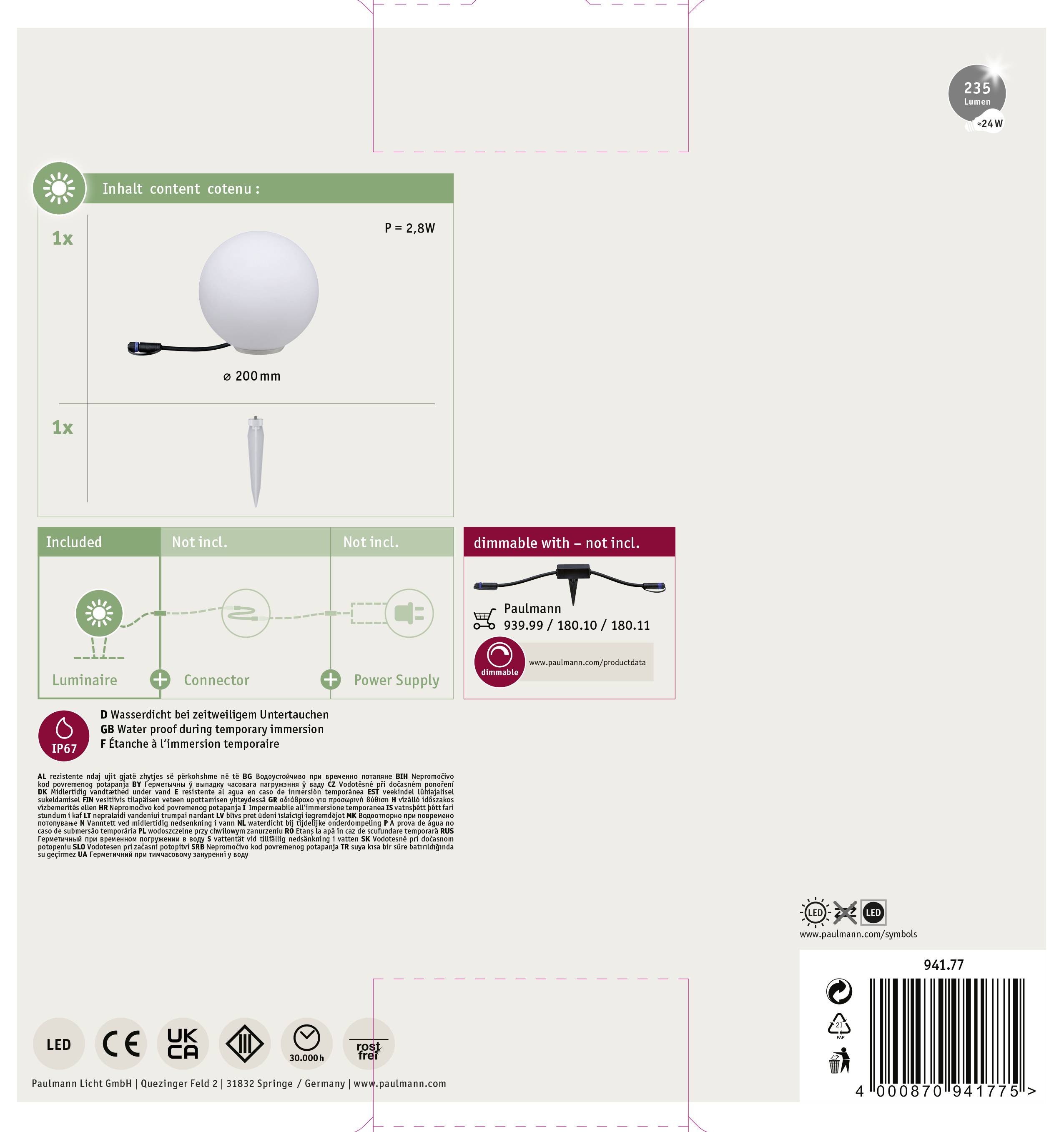 Retro confezione di una lampada con dettagli tecnici: 'P = 2,8W', include base e sfera, dimmerabile, comprensiva di spina, senza lampadina.