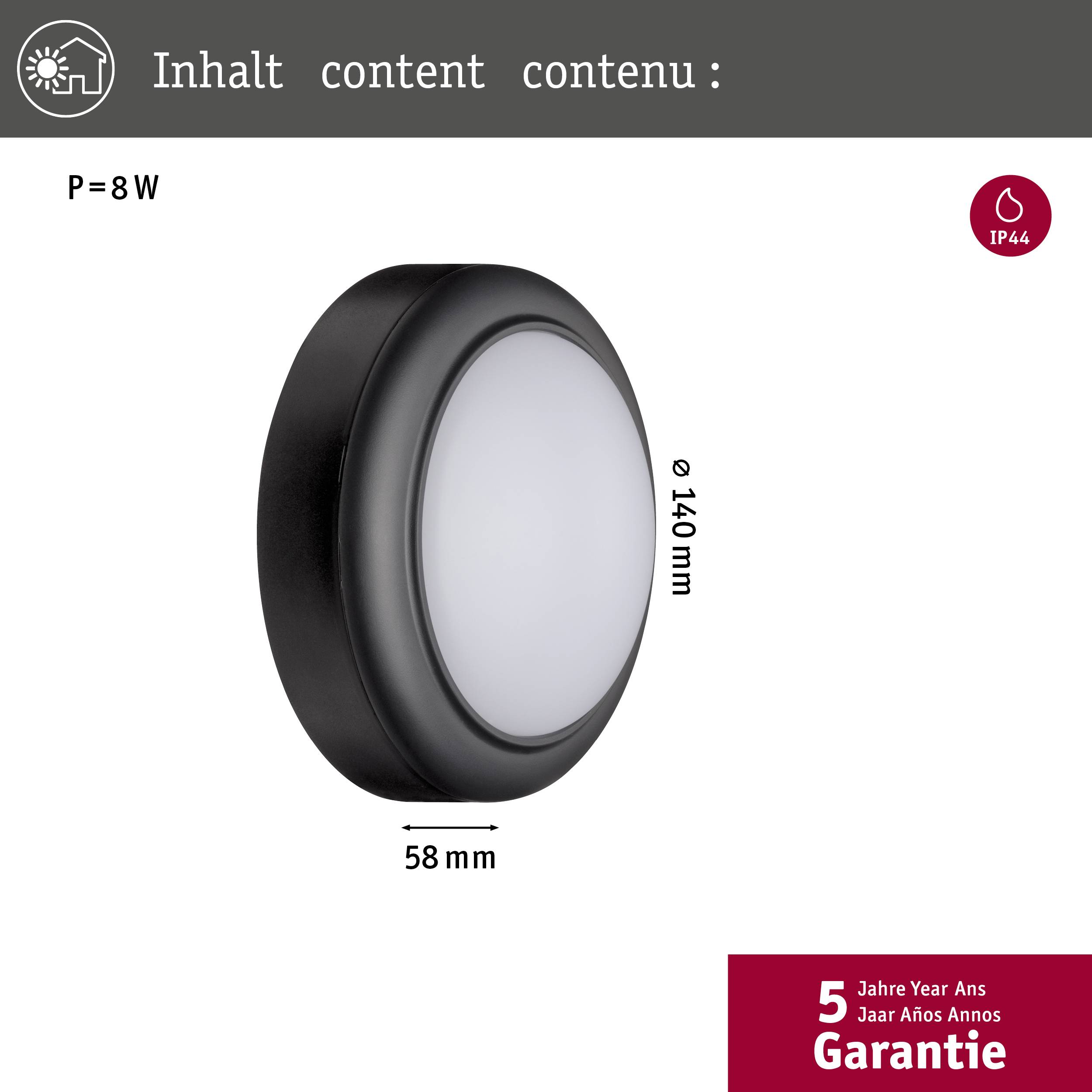 Lampada LED rotonda e nera con diametro di 140 mm, ideale per interni. Consumo energetico di 8W, grado di protezione IP44.