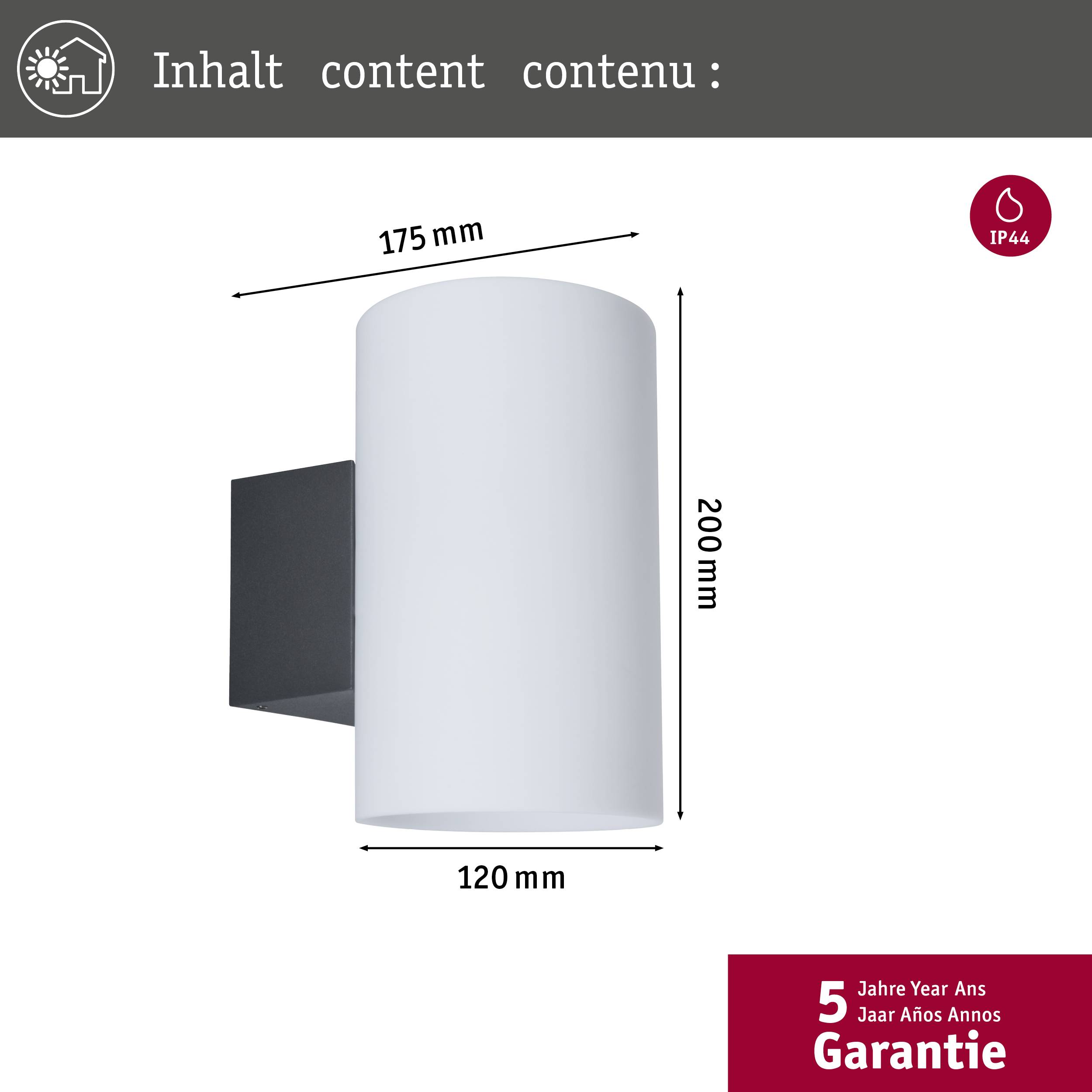 L'immagine mostra un applique da parete bianco con dimensioni di 200 mm di altezza, 175 mm di profondità e 120 mm di larghezza. 5 anni di garanzia.