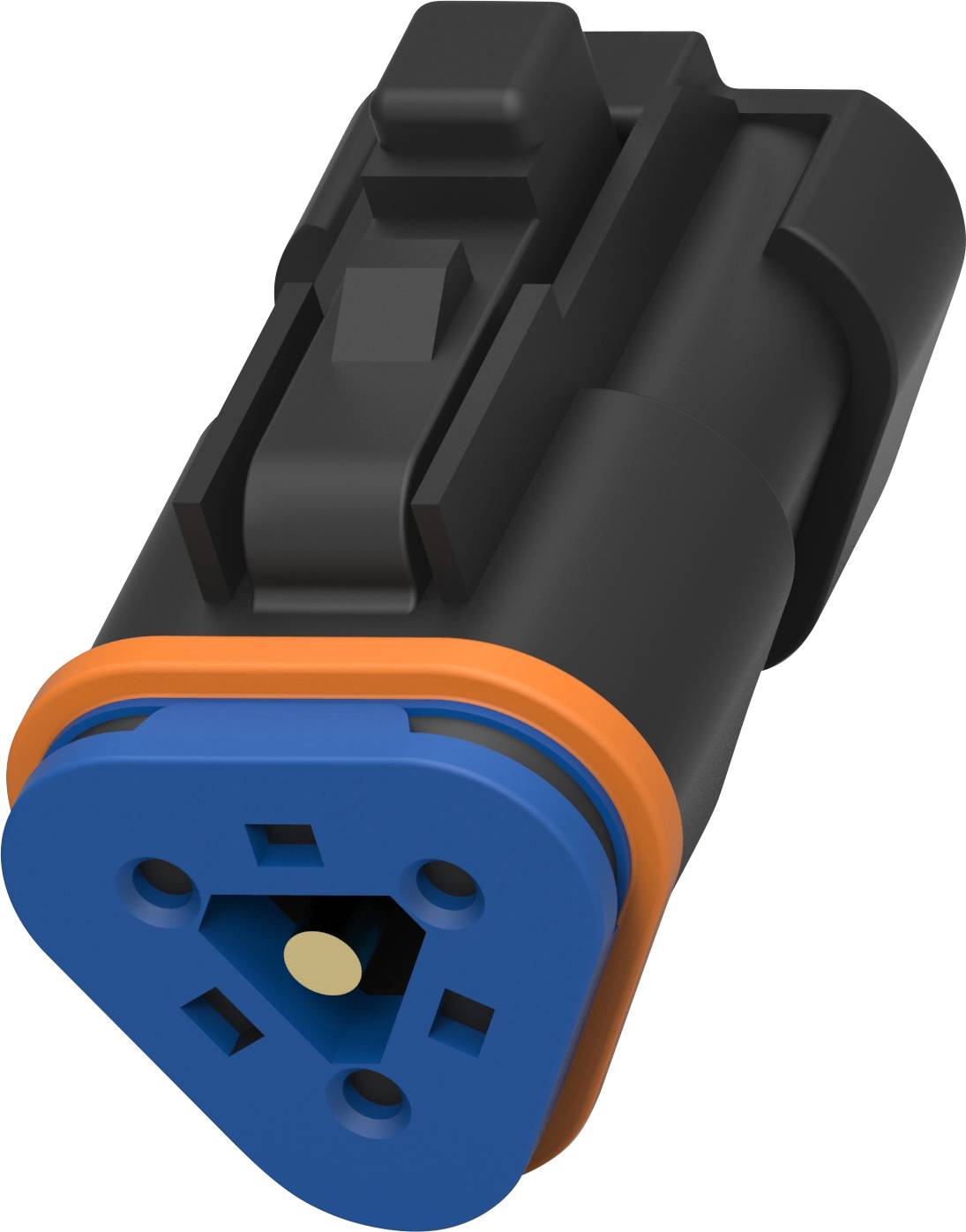 Un connettore elettrico nero a tre poli con guarnizione blu e arancione, comunemente utilizzato nel settore automobilistico.