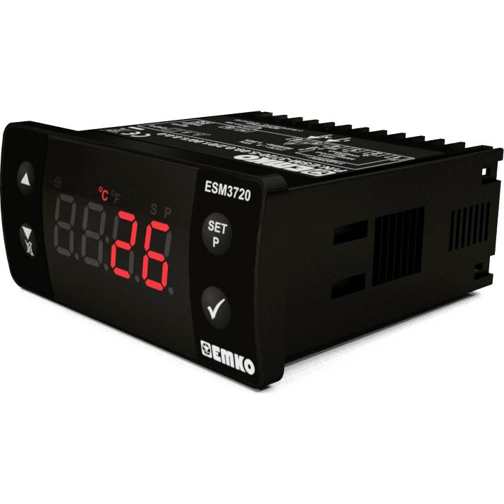 Dispositivo di visualizzazione digitale con la scritta 'ESM3720', che mostra '26°C'. Tasti per la regolazione e display illuminato visibili.