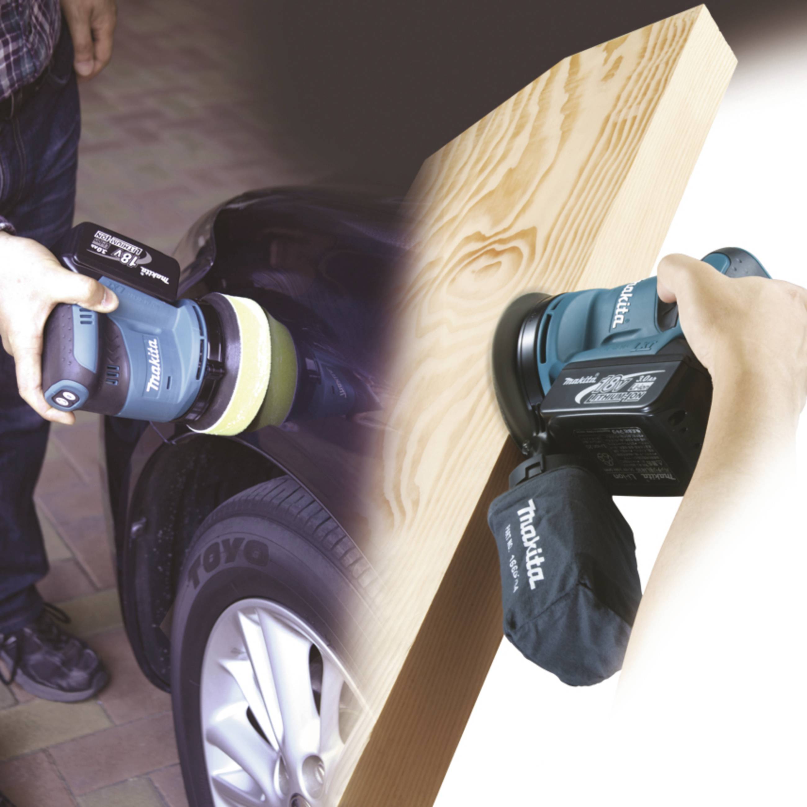 Una persona sta lucidando un'auto con una levigatrice elettrica sul lato sinistro e levigando legno sul lato destro con la stessa macchina.