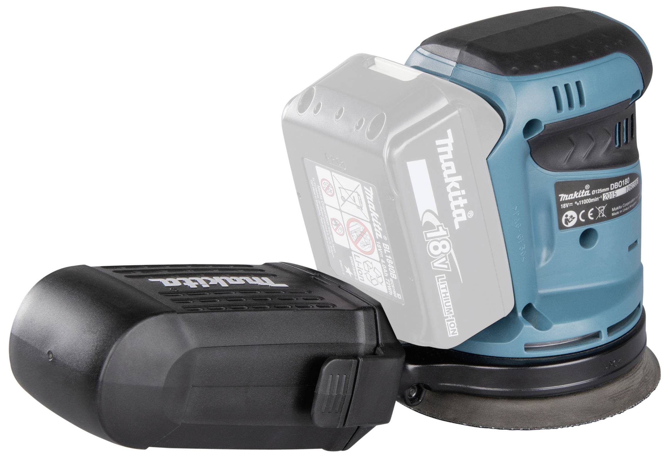 Un levigatrice eccentrica senza fili in blu con batteria estraibile, adatta per lavori di levigatura su diverse superfici.