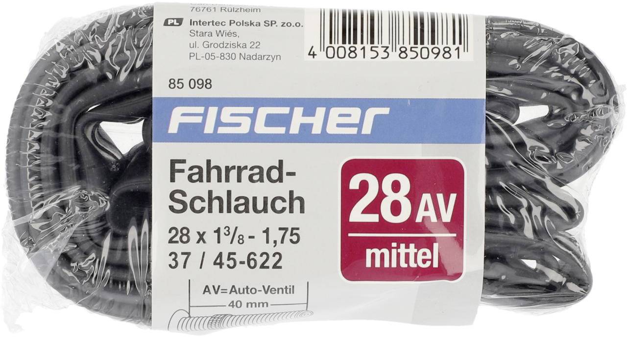 Tubo per bicicletta di Fischer: Misura 28 x 1/8 - 1,75, valvola AV, valvola auto, larghezza 40 mm, qualità media. Confezionato in plastica.
