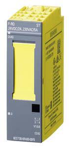 Un modulo di sicurezza giallo, rettangolare, con parte anteriore grigia e display giallo. Le etichette sono difficili da leggere.