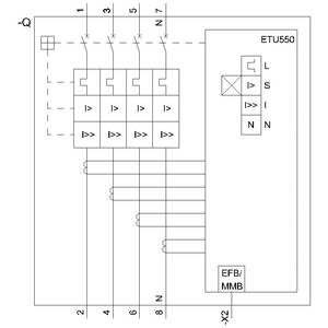 Schema elettrico con modulo ETU550, che mostra connessioni elettriche e posizioni degli interruttori, rilevante per ingegneri o tecnici.