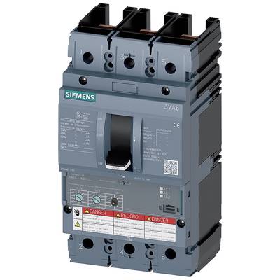 Interruttore magnetotermico Siemens, modello 3VA6, con leva di azionamento e impostazioni dell'intensità di corrente. Avvertenze in più lingue.