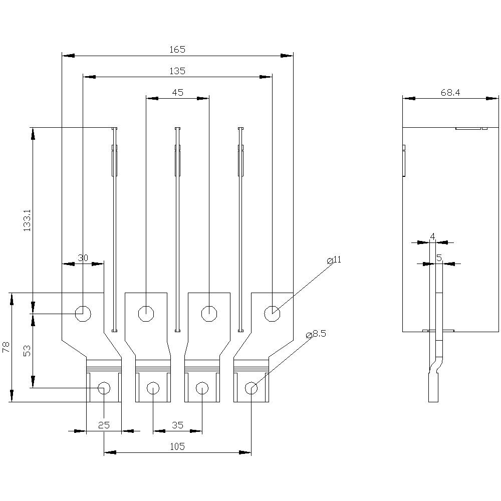 Disegno tecnico di un componente meccanico con quote in millimetri. Mostra quattro pezzi identici affiancati e dal lato.
