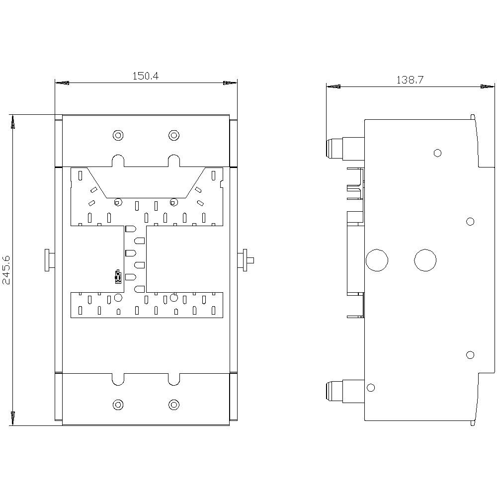 Disegno della vista frontale e laterale di un dispositivo rettangolare con dimensioni: 245,6 mm di altezza, 150,4 mm di larghezza, 138,7 mm di profondità.
