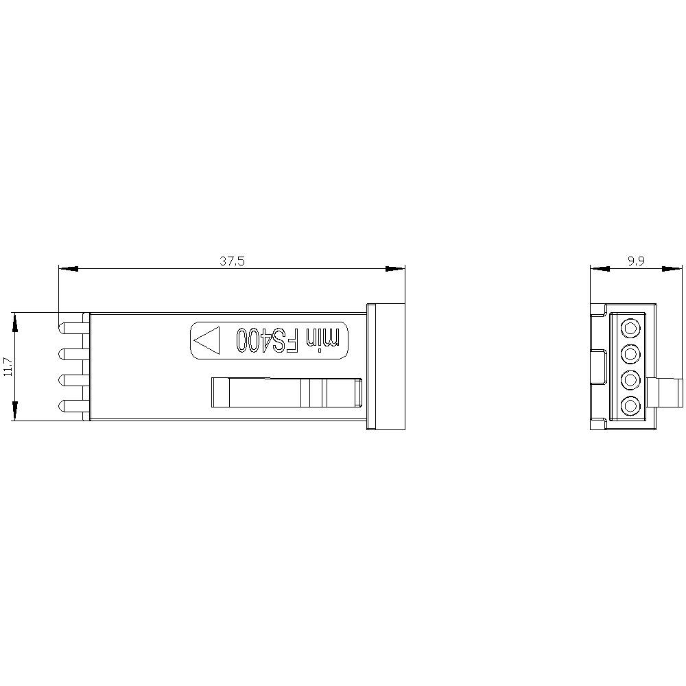Disegno tecnico di un connettore rettangolare con dimensioni: larghezza 37,5 mm, altezza 11,7 mm, profondità 9,9 mm; iscrizione 'min FS400'.