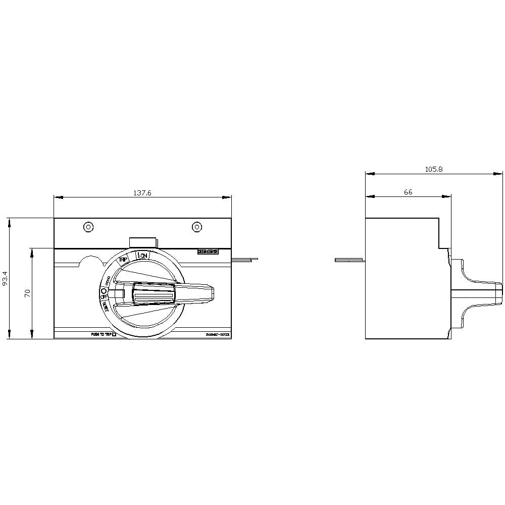 Disegno tecnico di un interruttore con dimensioni: larghezza 137,6 mm, altezza 105,8 mm. Mostra la vista frontale e laterale dell'interruttore.