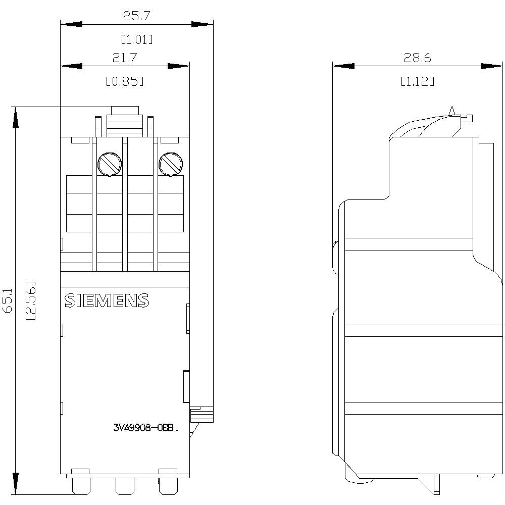 Disegno tecnico di un contattore Siemens con dimensioni: larghezza 25,7 mm, profondità 28,6 mm, altezza 65,1 mm. Vista frontale e laterale destra.