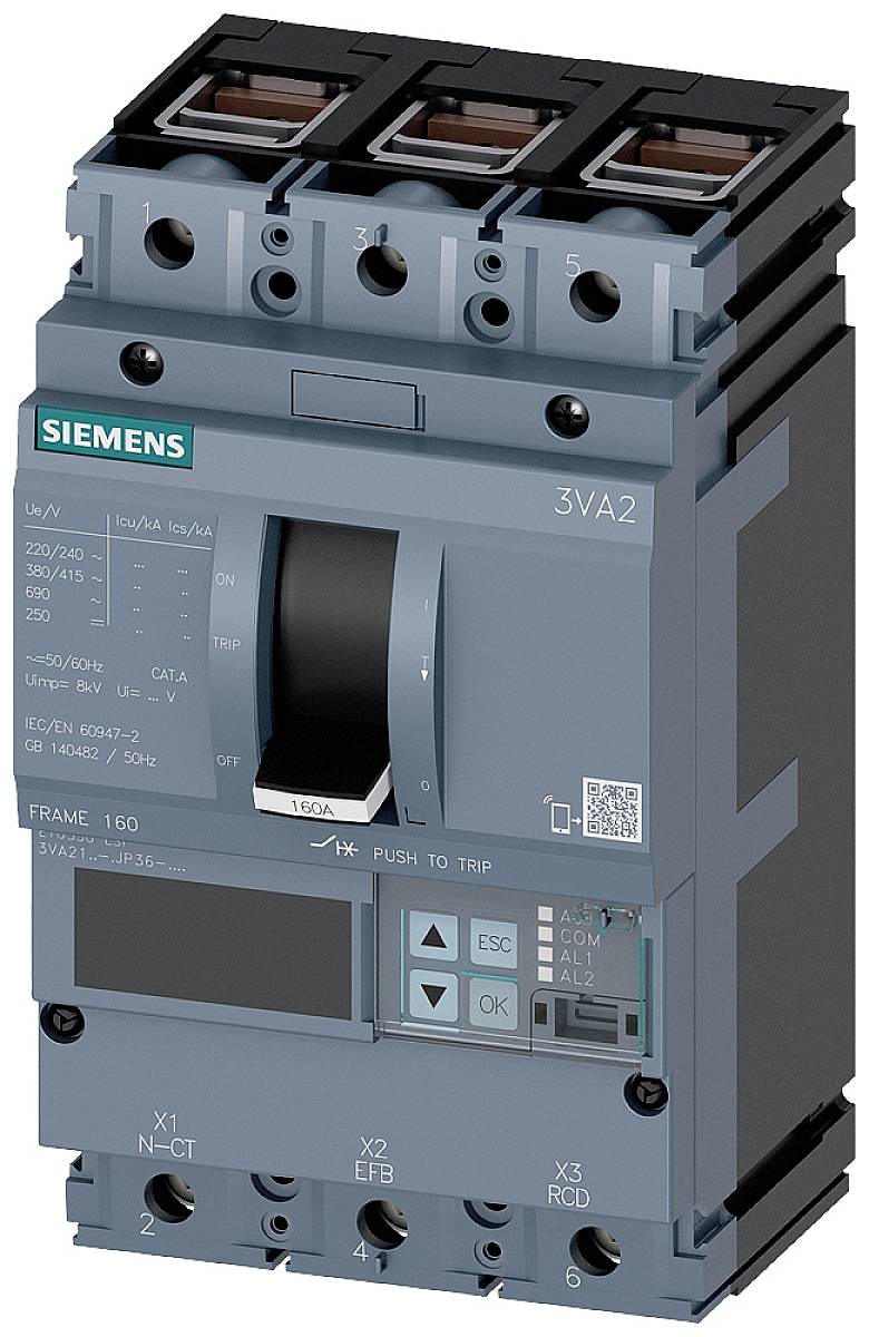 Un interruttore di potenza Siemens grigio modello 3VA2 con diversi morsetti a vite e comandi sul lato frontale.