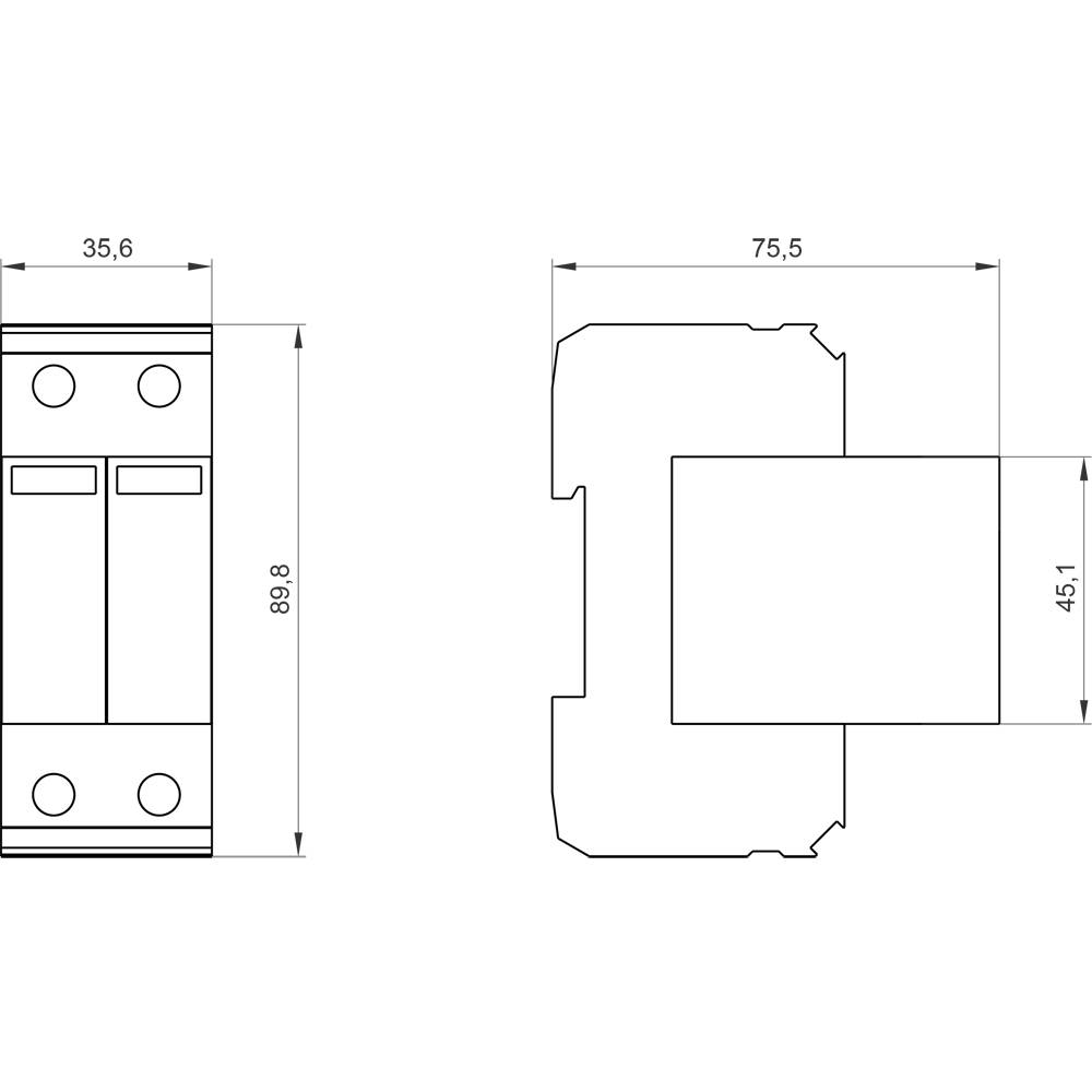 Disegno tecnico di un componente con misure: larghezza 35,6 mm, altezza 89,8 mm, profondità 75,5 mm, distanza di fissaggio 45,1 mm.
