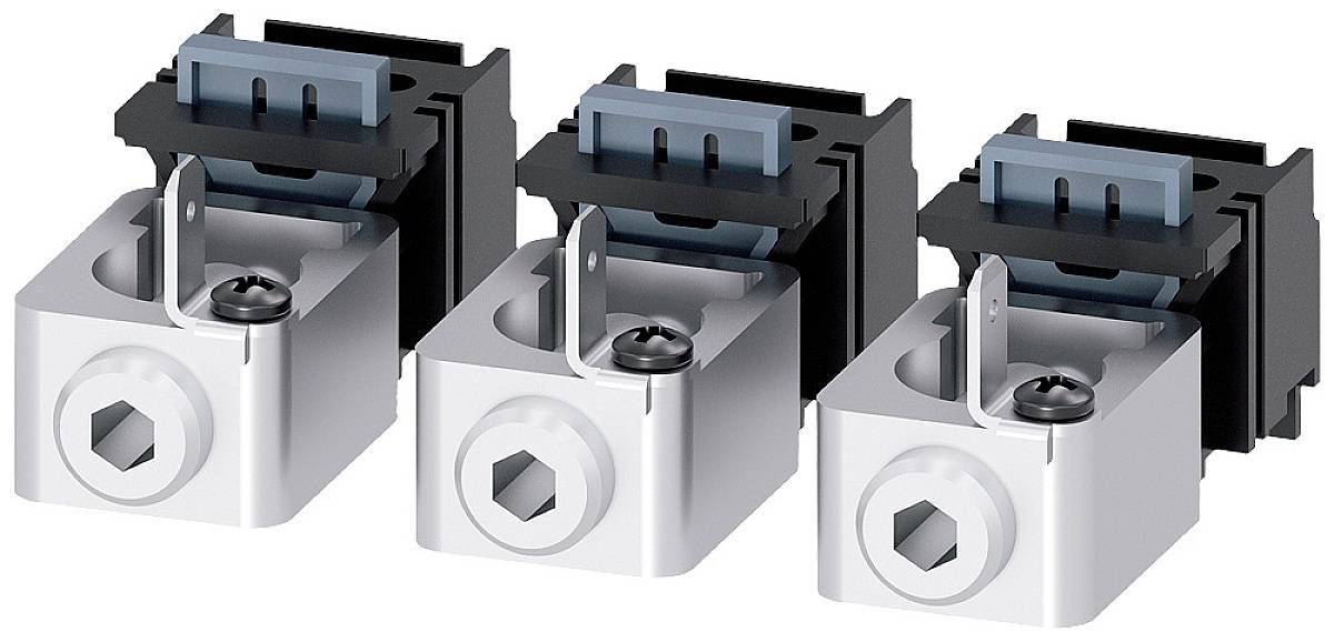 Tre blocchi terminali elettrici identici, disposti uno accanto all'altro, in metallo e plastica, con connessioni a vite nella parte superiore.