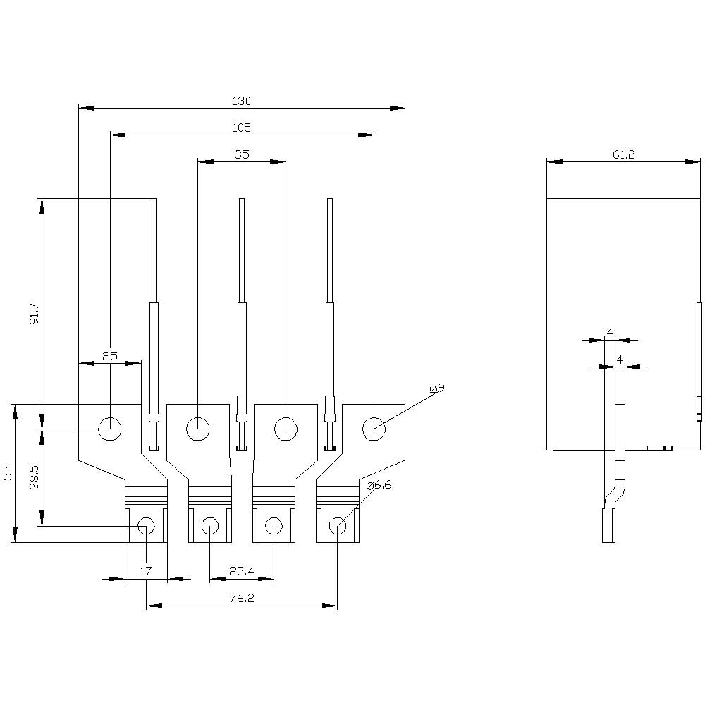 Disegno tecnico di un assemblaggio elettrico parziale con precise indicazioni dimensionali e tre fili paralleli, che mostra la vista laterale e la vista dall'alto.