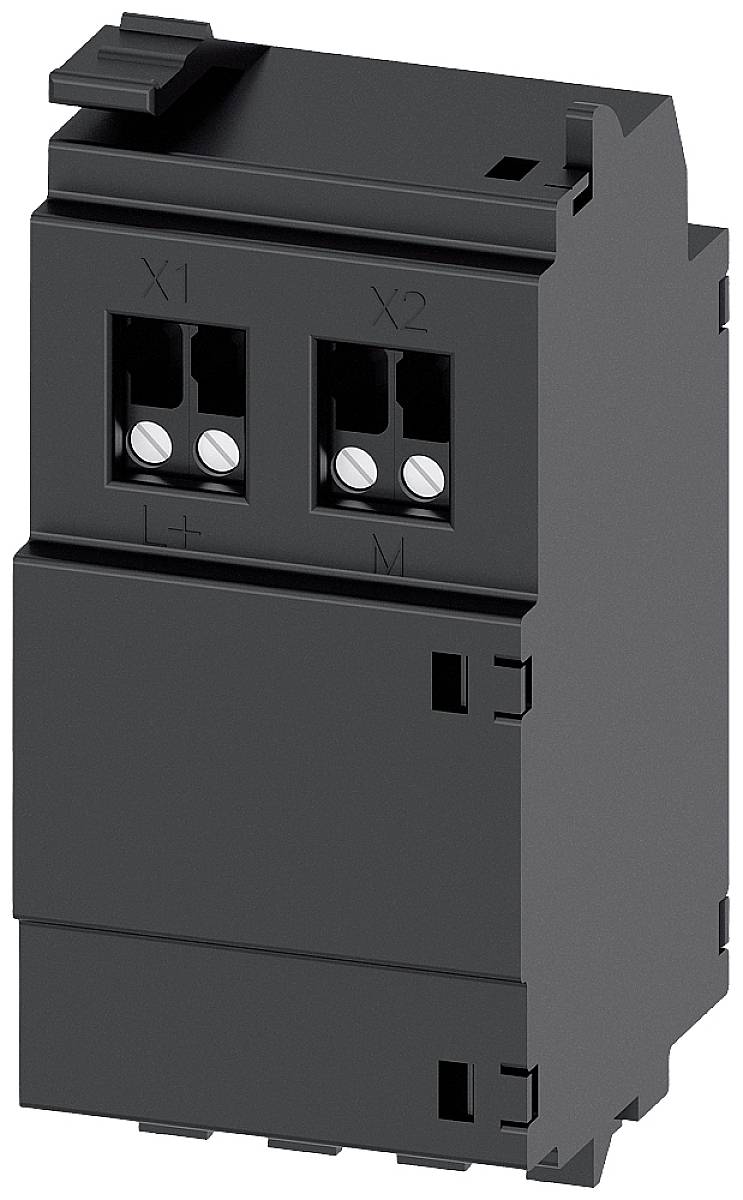 Scatola elettronica a due canali con due ingressi, contrassegnati come 'X1' e 'X2', su sfondo bianco.
