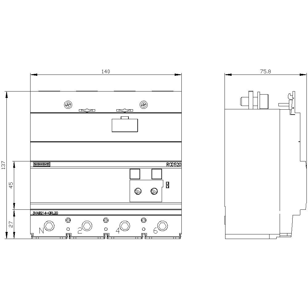 Disegno tecnico di un interruttore elettrico con dimensioni: larghezza 140 mm, altezza 137 mm, profondità 75,8 mm. Vista frontale e laterale.