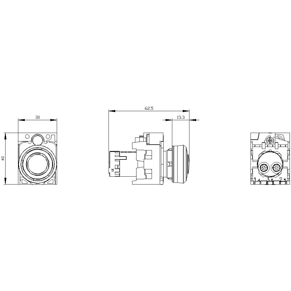 Disegno tecnico di un interruttore con dimensioni in millimetri. Le viste frontale, laterale e posteriore mostrano i dettagli della forma costruttiva e dei collegamenti.