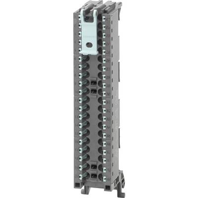 Un blocco terminale Siemens grigio con punti di connessione numerati e un fermo blu chiaro, utilizzato per il cablaggio elettrico e i collegamenti dei circuiti.