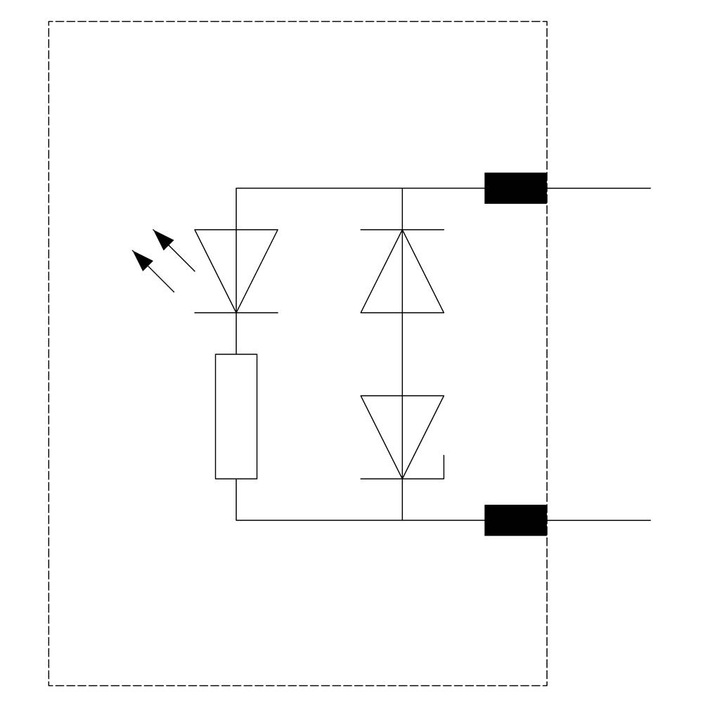 Nel diagramma elettrico, il simbolo mostra un LED in serie a due diodi antiparalleli che conducono a una sorgente di corrente.